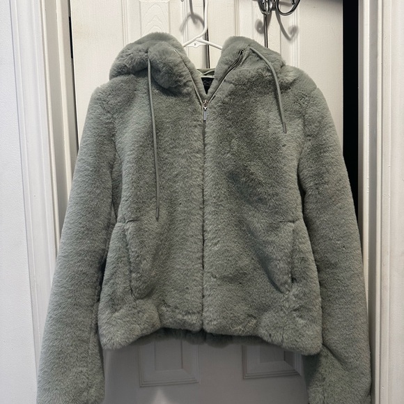 EUC Rachel Zoe Sage Green Faux Fur Jacket w/ Hood - Picture 5 of 6